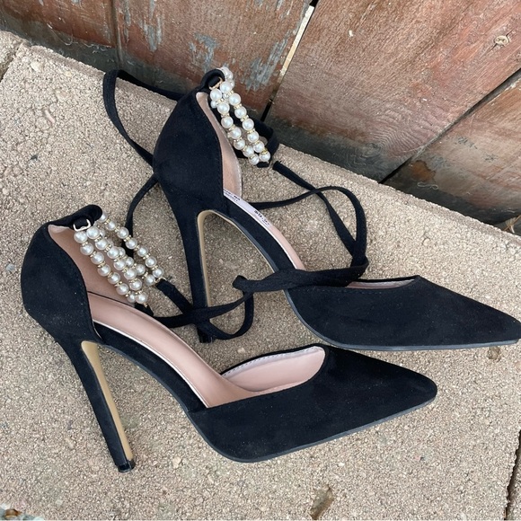 Women’s Black‎ Suede Pointed Toe Stiletto Heel Pearl Bead Straps Shoe Size 39 - Picture 9 of 10